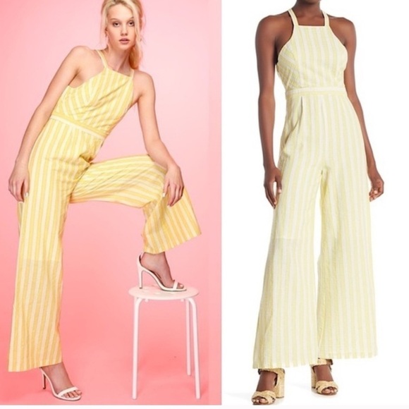 Line & Dot NWT cotton and linen blend wide leg yellow and white striped jumpsuit - Picture 1 of 11